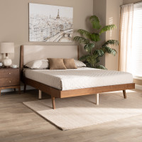 Baxton Studio MG0008S-Beige/Walnut-Queen Senna Mid-Century Modern Beige Fabric Upholstered and Walnut Brown Finished Wood Queen Size Platform Bedt